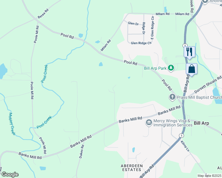map of restaurants, bars, coffee shops, grocery stores, and more near 7350 Banks Mill Road in Douglasville