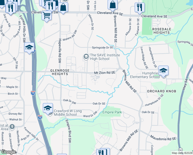 map of restaurants, bars, coffee shops, grocery stores, and more near 183 Mount Zion Road Southwest in Atlanta