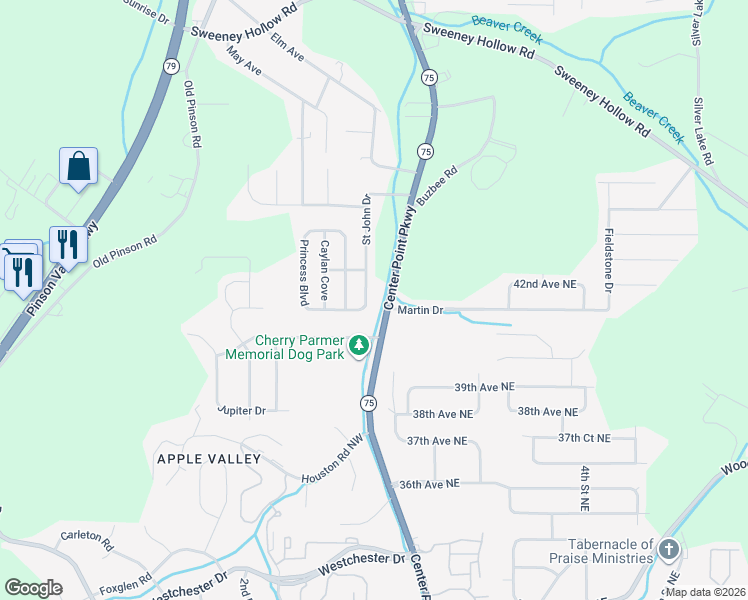 map of restaurants, bars, coffee shops, grocery stores, and more near 3920 Center Point Parkway in Birmingham
