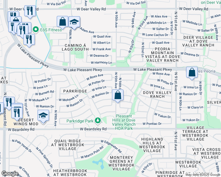 map of restaurants, bars, coffee shops, grocery stores, and more near 9535 West Irma Lane in Peoria