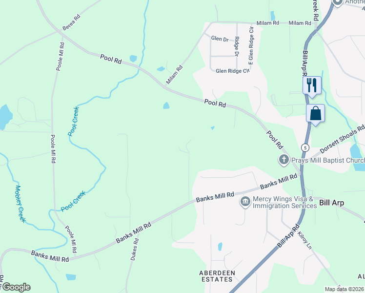 map of restaurants, bars, coffee shops, grocery stores, and more near 7350 Banks Mill Road in Douglasville