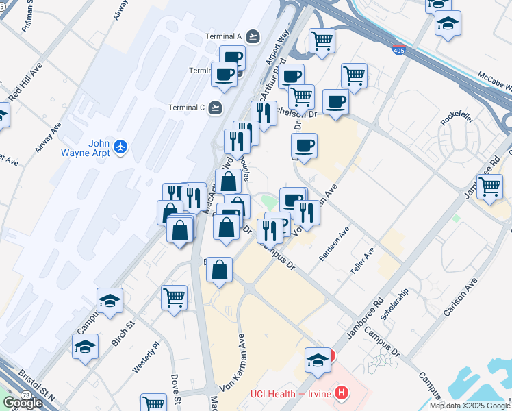map of restaurants, bars, coffee shops, grocery stores, and more near 2192 Campus Drive in Irvine