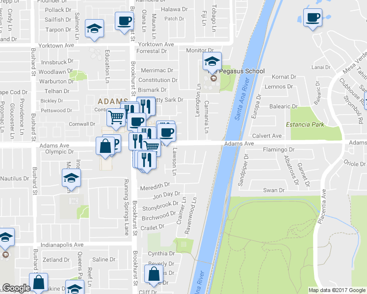 map of restaurants, bars, coffee shops, grocery stores, and more near 20011 Colgate Circle in Huntington Beach
