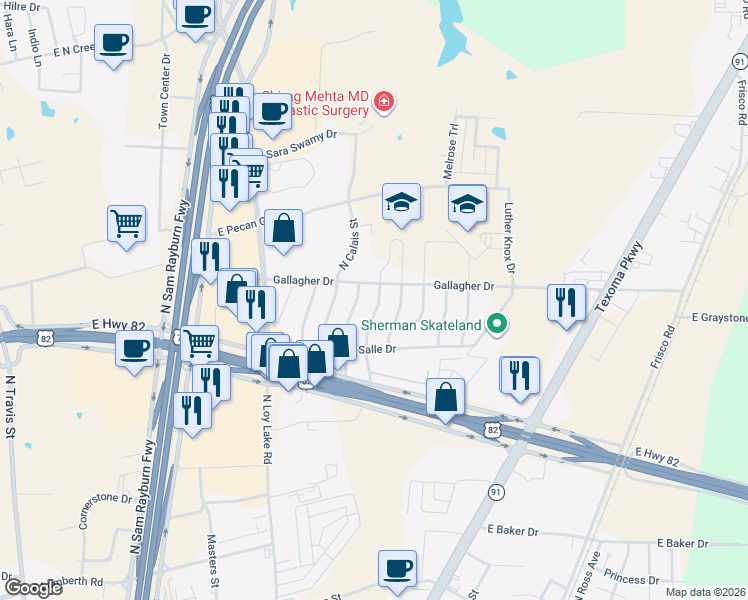 map of restaurants, bars, coffee shops, grocery stores, and more near 3210 Northridge Drive in Sherman