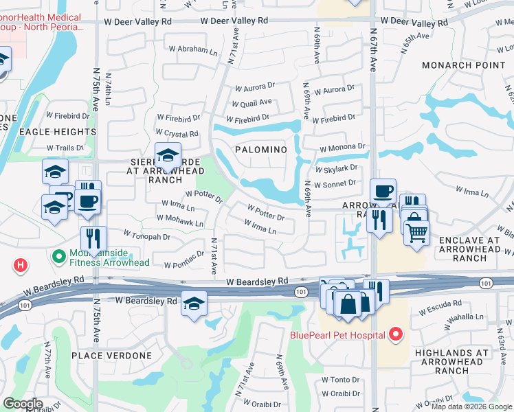 map of restaurants, bars, coffee shops, grocery stores, and more near 7016 West Potter Drive in Glendale