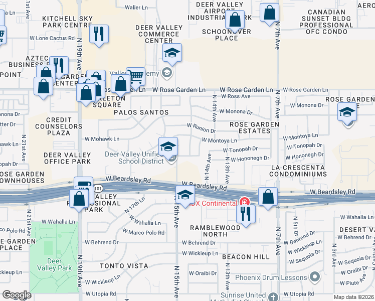 map of restaurants, bars, coffee shops, grocery stores, and more near 20426 North 14th Lane in Phoenix