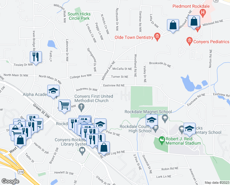 map of restaurants, bars, coffee shops, grocery stores, and more near 1042 Chestnut Oak Court Northeast in Conyers