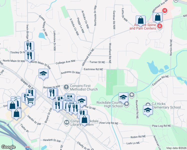 map of restaurants, bars, coffee shops, grocery stores, and more near 1042 Chestnut Oak Court Northeast in Conyers
