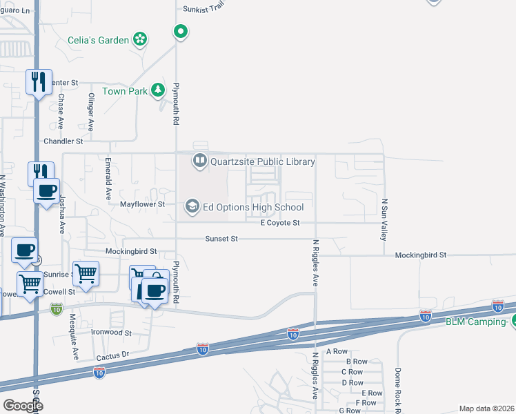 map of restaurants, bars, coffee shops, grocery stores, and more near 425 N Las Palomas in Quartzsite