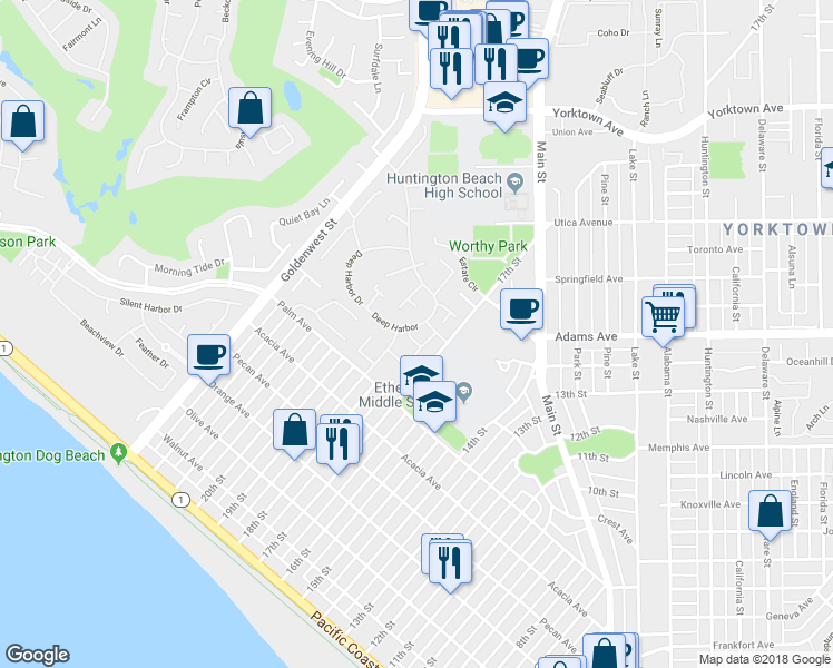 map of restaurants, bars, coffee shops, grocery stores, and more near 7285 Pierpoint Drive in Huntington Beach