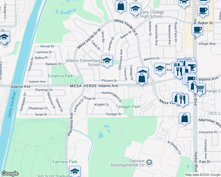 map of restaurants, bars, coffee shops, grocery stores, and more near 2798 Redwing Circle in Costa Mesa