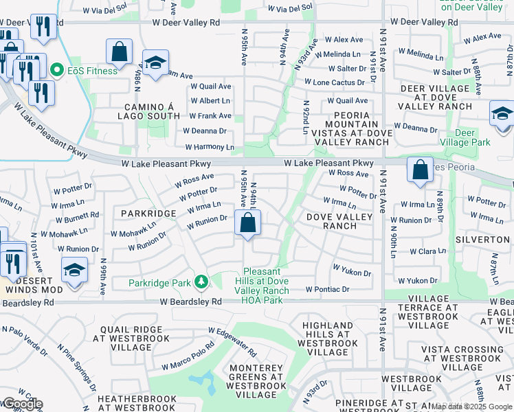 map of restaurants, bars, coffee shops, grocery stores, and more near 20559 North 94th Lane in Peoria