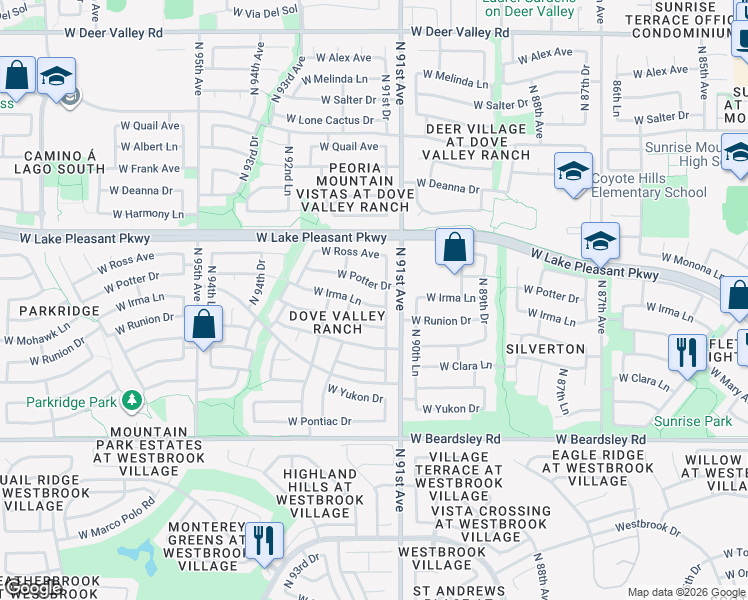 map of restaurants, bars, coffee shops, grocery stores, and more near 20733 North 91st Drive in Peoria