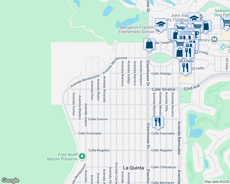 map of restaurants, bars, coffee shops, grocery stores, and more near 51830 Avenue Obregon in La Quinta