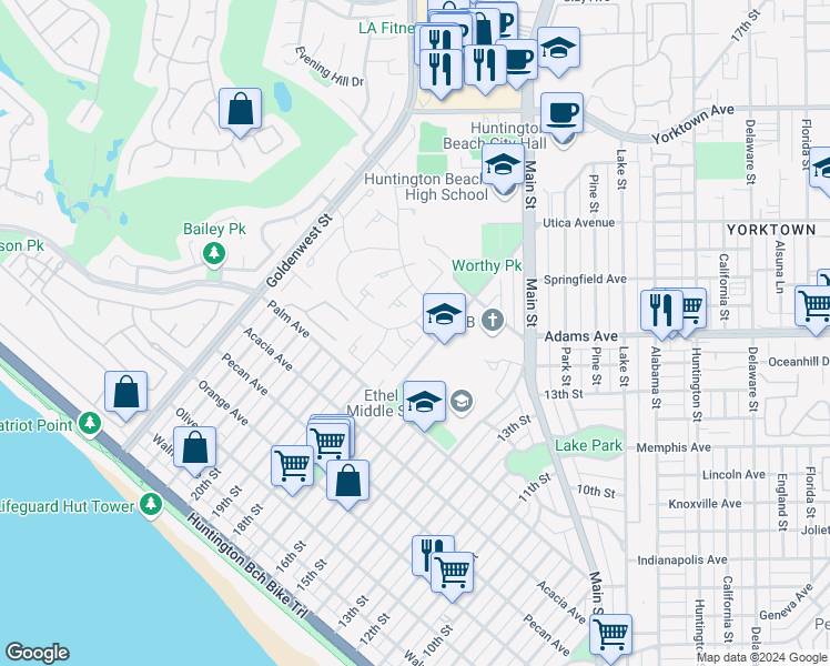 map of restaurants, bars, coffee shops, grocery stores, and more near 19777 Waterview Lane in Huntington Beach