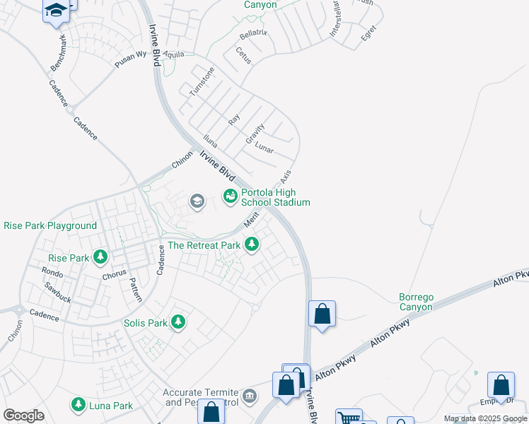 map of restaurants, bars, coffee shops, grocery stores, and more near 398 Merit in Irvine