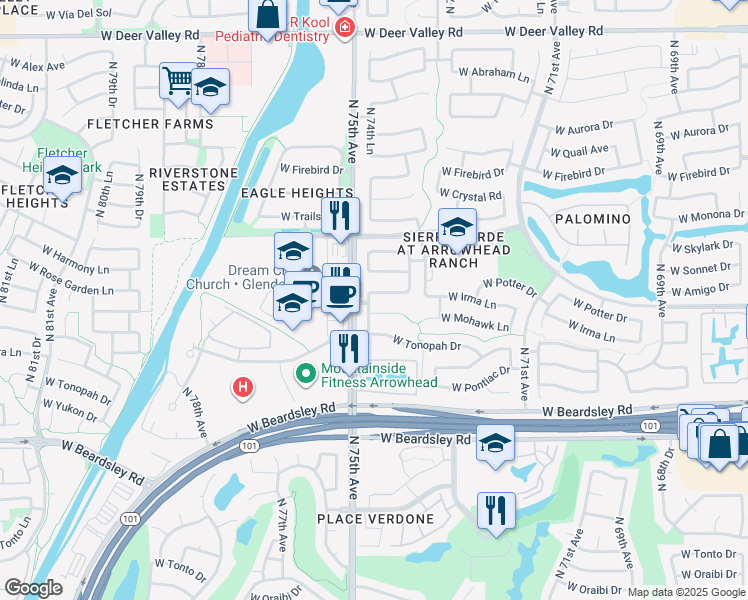 map of restaurants, bars, coffee shops, grocery stores, and more near 7473 West Irma Lane in Glendale