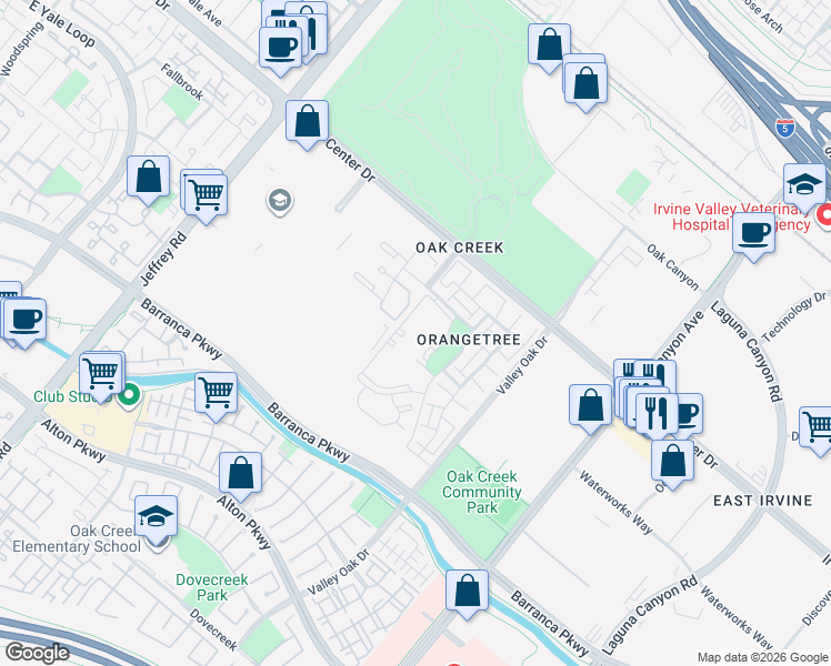 map of restaurants, bars, coffee shops, grocery stores, and more near 387 Orange Blossom in Irvine