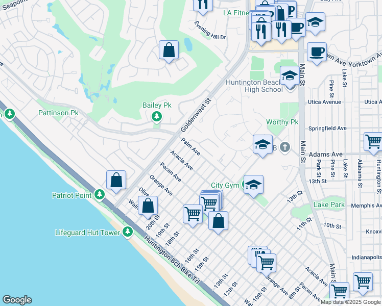 map of restaurants, bars, coffee shops, grocery stores, and more near 621 21st Street in Huntington Beach
