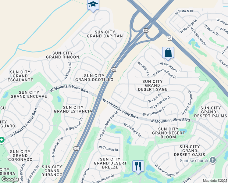 map of restaurants, bars, coffee shops, grocery stores, and more near 16203 North Desert Sage Lane in Surprise