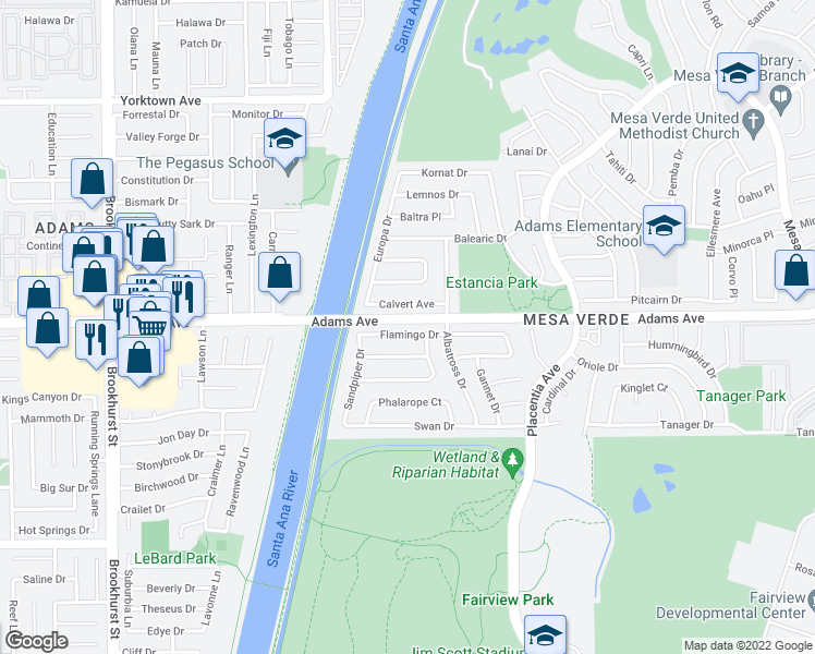 map of restaurants, bars, coffee shops, grocery stores, and more near 2036 Flamingo Drive in Costa Mesa