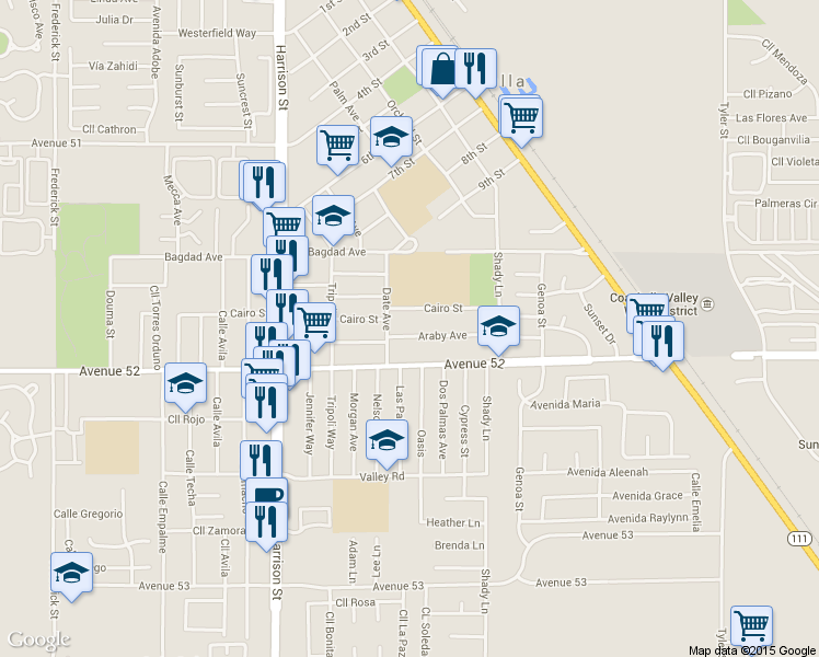 map of restaurants, bars, coffee shops, grocery stores, and more near 85335 Araby Avenue in Coachella