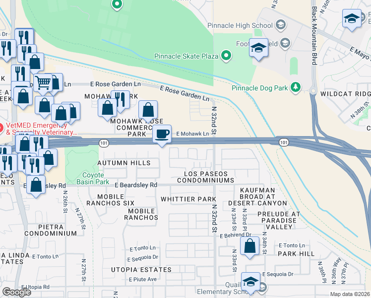 map of restaurants, bars, coffee shops, grocery stores, and more near 20414 North 31st Place in Phoenix