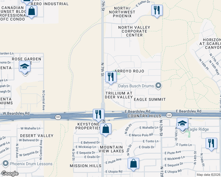 map of restaurants, bars, coffee shops, grocery stores, and more near 20425 North 7th Street in Phoenix