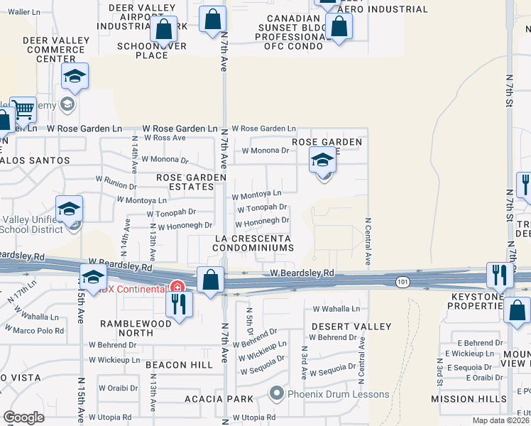 map of restaurants, bars, coffee shops, grocery stores, and more near 502 West Hononegh Drive in Phoenix