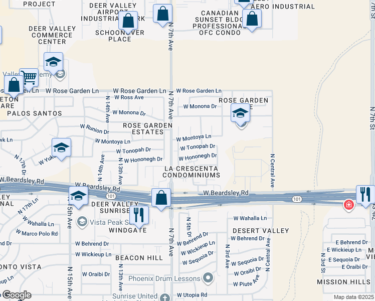 map of restaurants, bars, coffee shops, grocery stores, and more near 602 West Hononegh Drive in Phoenix