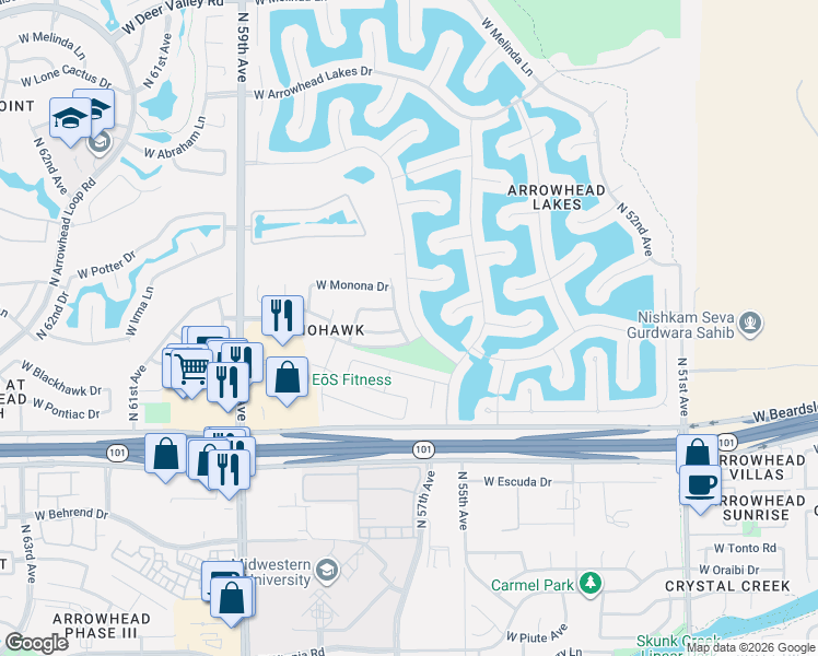 map of restaurants, bars, coffee shops, grocery stores, and more near 5647 West Irma Lane in Glendale