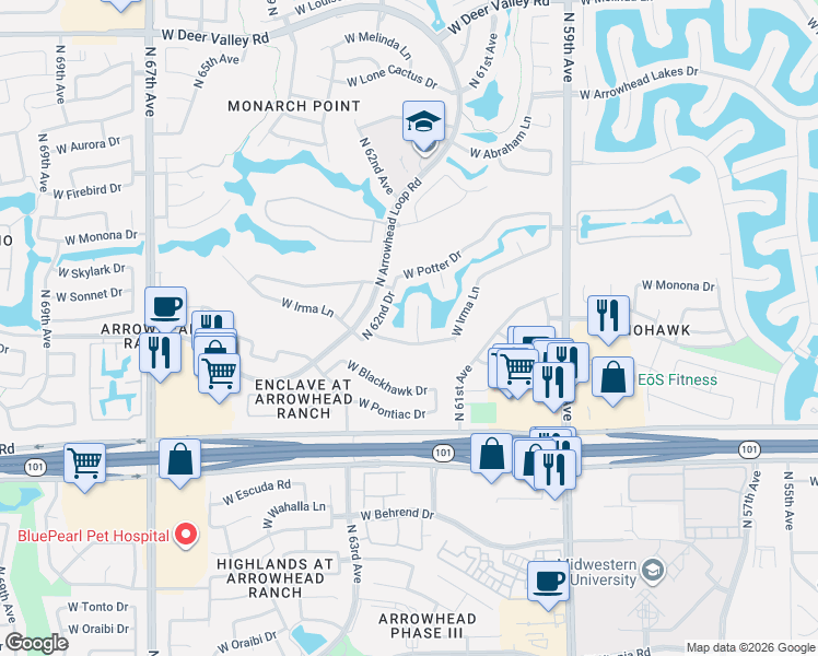 map of restaurants, bars, coffee shops, grocery stores, and more near 6168 West Irma Lane in Glendale