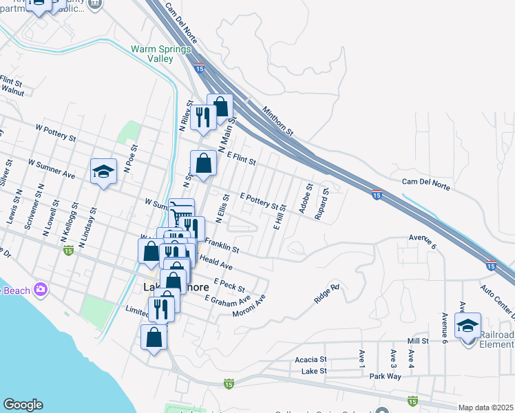 map of restaurants, bars, coffee shops, grocery stores, and more near 317 Granite Street in Lake Elsinore