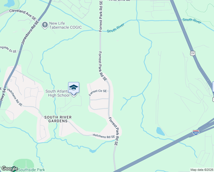 map of restaurants, bars, coffee shops, grocery stores, and more near 3015 Forrest Park Road Southeast in Atlanta