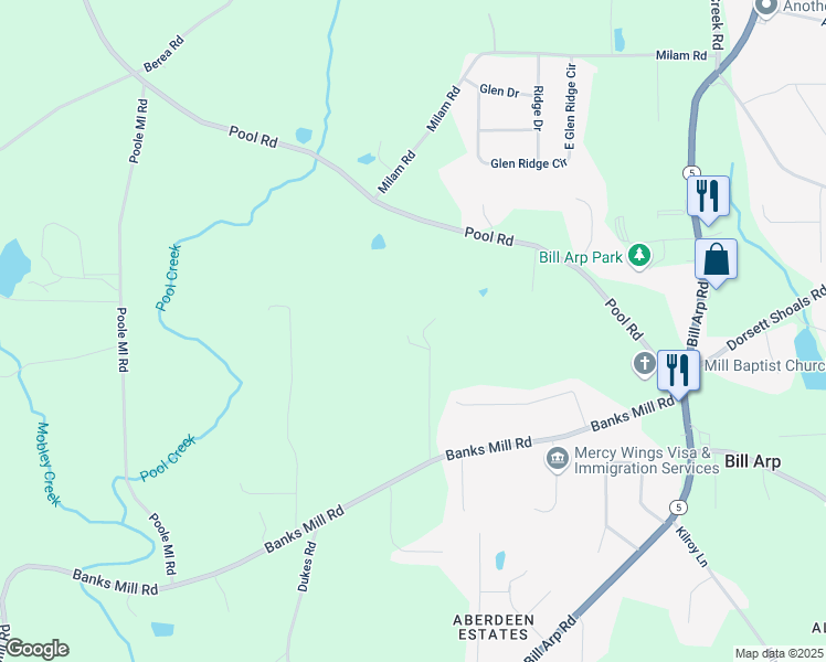 map of restaurants, bars, coffee shops, grocery stores, and more near 7350 Banks Mill Road in Douglasville