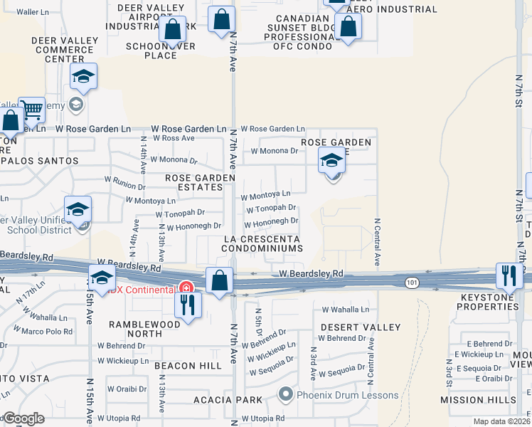 map of restaurants, bars, coffee shops, grocery stores, and more near 520 West Hononegh Drive in Phoenix