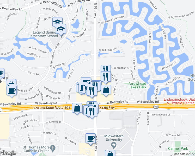 map of restaurants, bars, coffee shops, grocery stores, and more near 20585 North 59th Avenue in Glendale