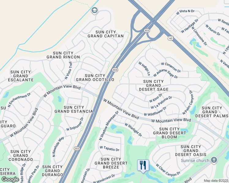 map of restaurants, bars, coffee shops, grocery stores, and more near 16199 North Desert Sage Lane in Surprise