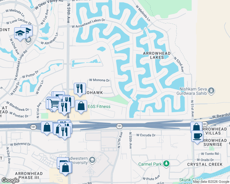 map of restaurants, bars, coffee shops, grocery stores, and more near 5647 West Irma Lane in Glendale
