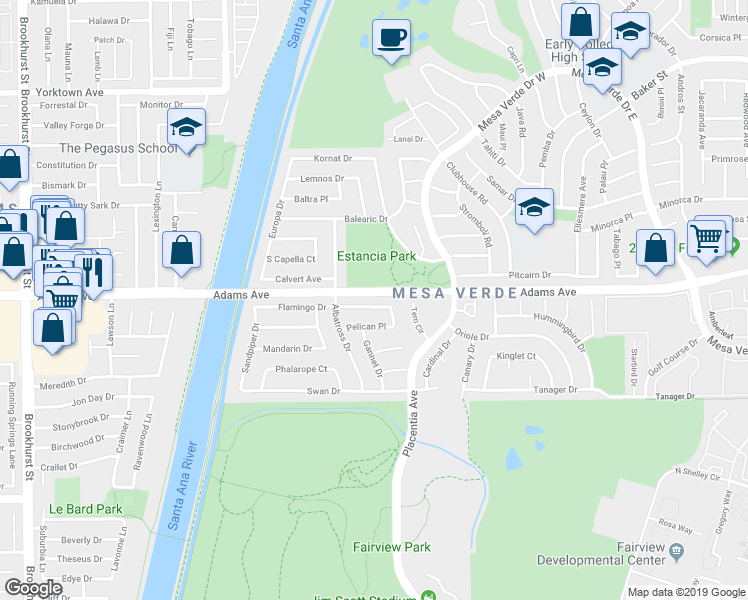 map of restaurants, bars, coffee shops, grocery stores, and more near 1962 Flamingo Drive in Costa Mesa