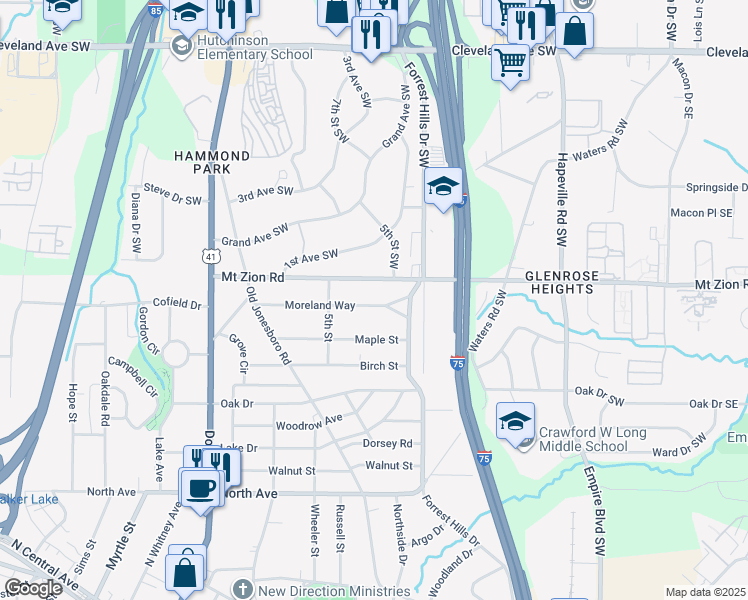 map of restaurants, bars, coffee shops, grocery stores, and more near 250 Moreland Way in Hapeville