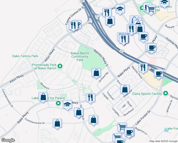 map of restaurants, bars, coffee shops, grocery stores, and more near 48 Mariposa in Lake Forest