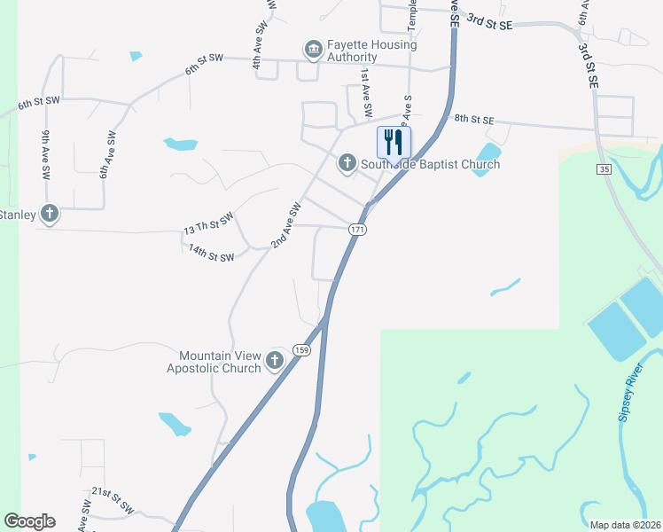 map of restaurants, bars, coffee shops, grocery stores, and more near 1516 Temple Avenue South in Fayette