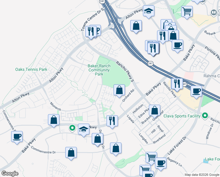 map of restaurants, bars, coffee shops, grocery stores, and more near 48 Mariposa in Lake Forest