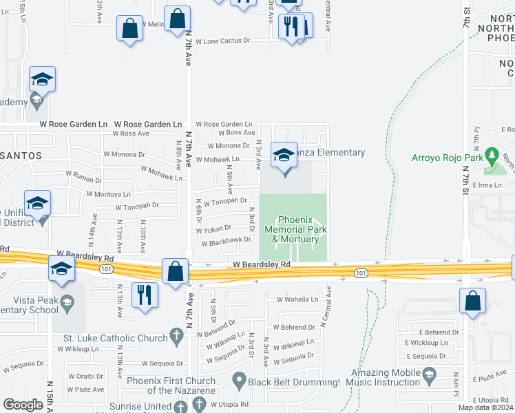 map of restaurants, bars, coffee shops, grocery stores, and more near 20401 North 3rd Drive in Phoenix