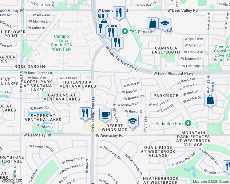 map of restaurants, bars, coffee shops, grocery stores, and more near 10110 West Potter Drive in Peoria