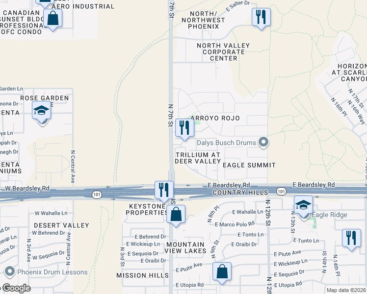 map of restaurants, bars, coffee shops, grocery stores, and more near 20425 North 7th Street in Phoenix