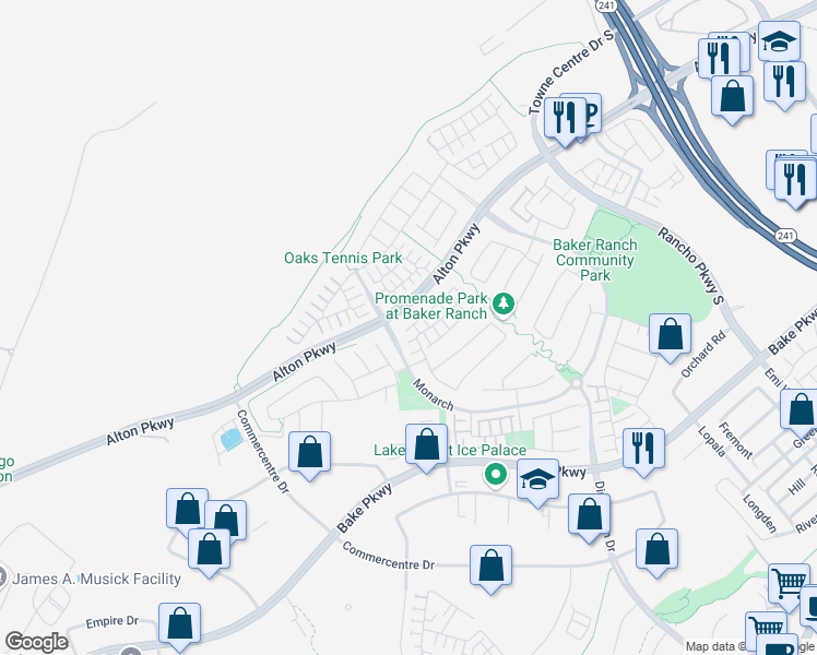 map of restaurants, bars, coffee shops, grocery stores, and more near 93 Fuchsia in Lake Forest