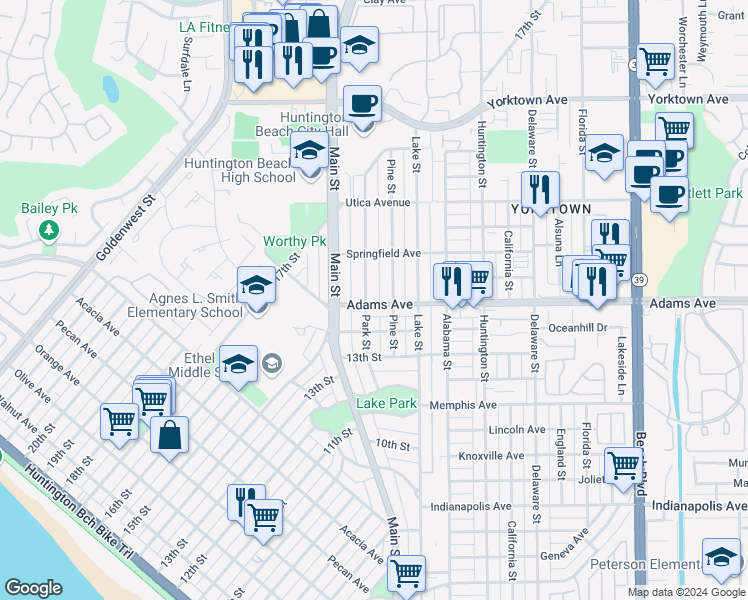 map of restaurants, bars, coffee shops, grocery stores, and more near 1702 Park Street in Huntington Beach