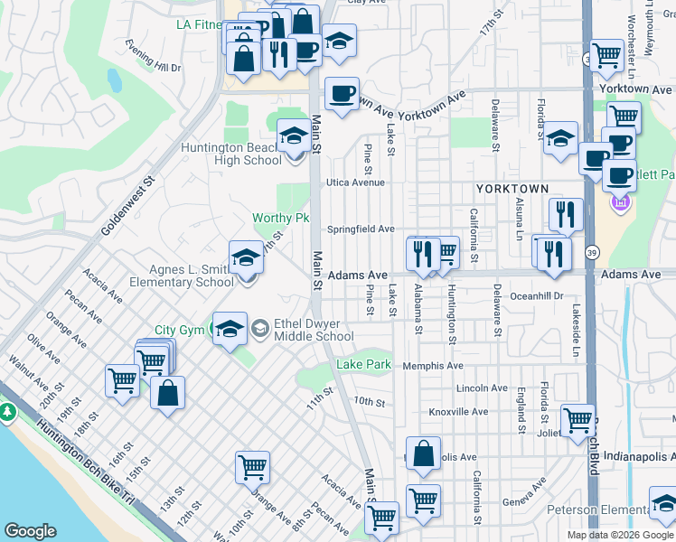 map of restaurants, bars, coffee shops, grocery stores, and more near in Huntington Beach